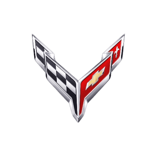 Logo von Corvette mit rotem, weißem und schwarzem Design und einer Fledermaus-Silhouette