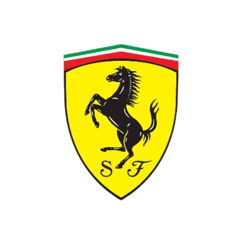 Logo von Ferrari mit gelbem Hintergrund und schwarzem springenden Pferd.