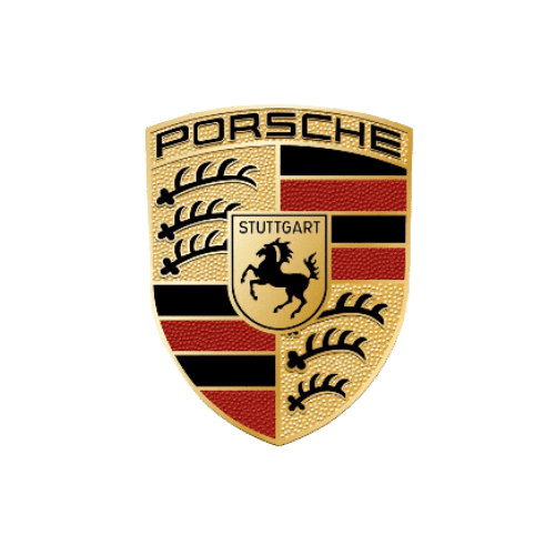 Wappen von Porsche mit schwarzem und gelbem Hintergrund und Pferd.