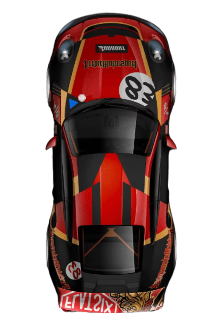 Rennauto mit rot-schwarzer Lackierung von oben gesehen.