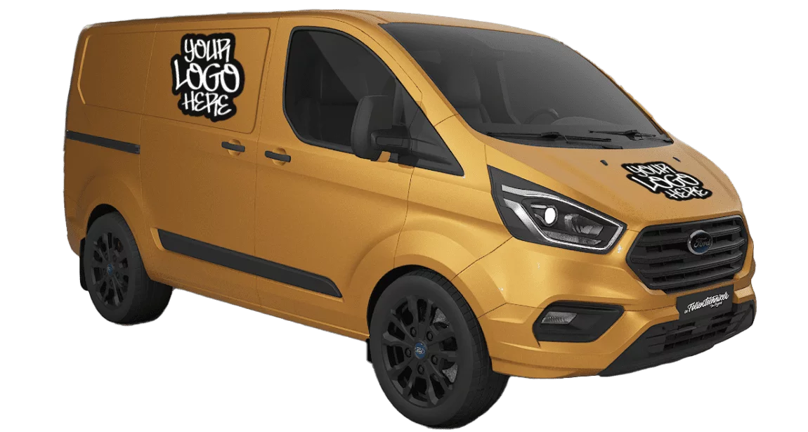 Lieferwagen in Orange mit "Your Logo here" und Website-Adresse.