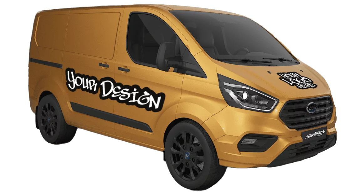 Lieferwagen in Orange mit "Your Design" und Website-Adresse.