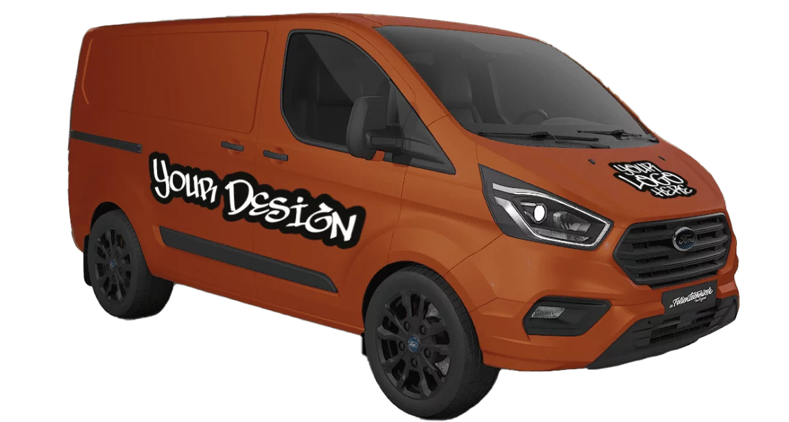Gelber Lieferwagen mit "Your Design" Schriftzug und Logo.