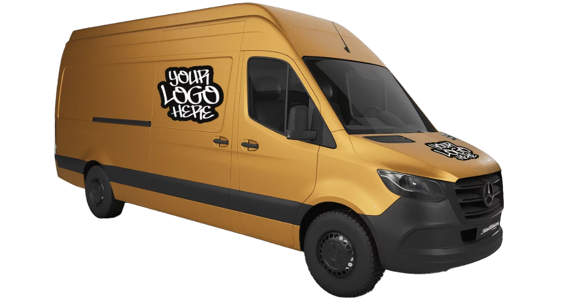 Lieferwagen in Orange mit "Your Logo here" und Website-Adresse.
