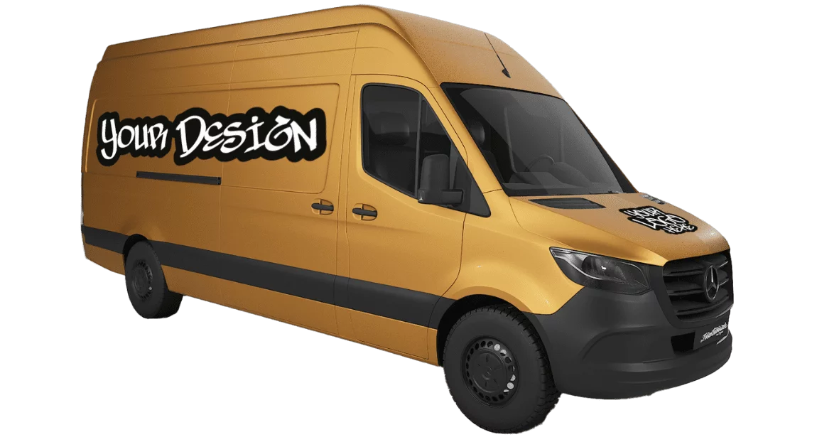 Lieferwagen in Orange und Schwarz mit "Your Design" und Logo.