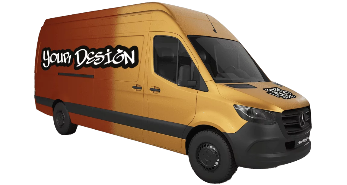 Lieferwagen in Orange mit "Your Design" Beschriftung an der Seite.