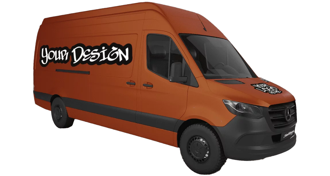 Lieferwagen in Orange mit "Your Design" Beschriftung an der Seite.