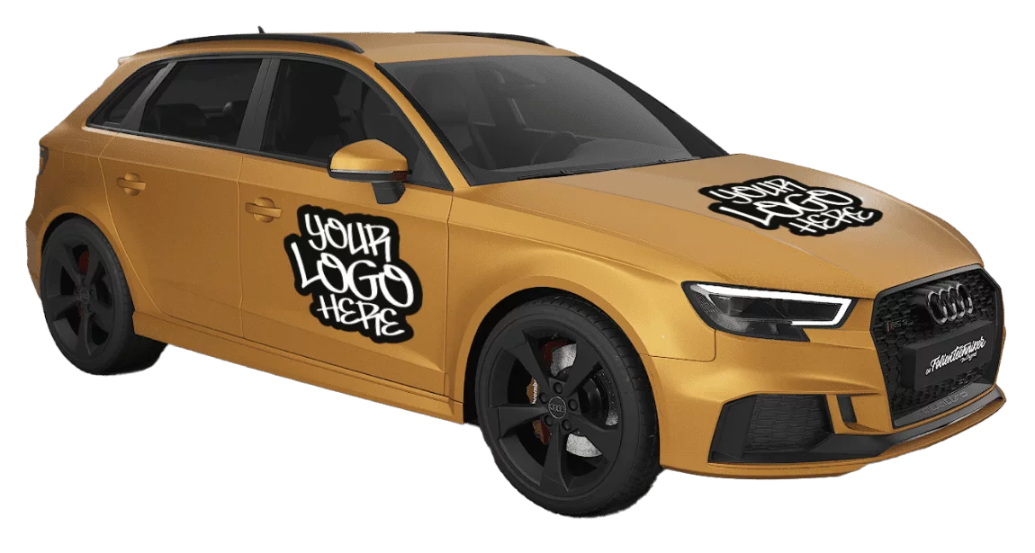 Gelber SUV mit "Your Logo Here" Logo an der Seite und schwarzen Felgen.