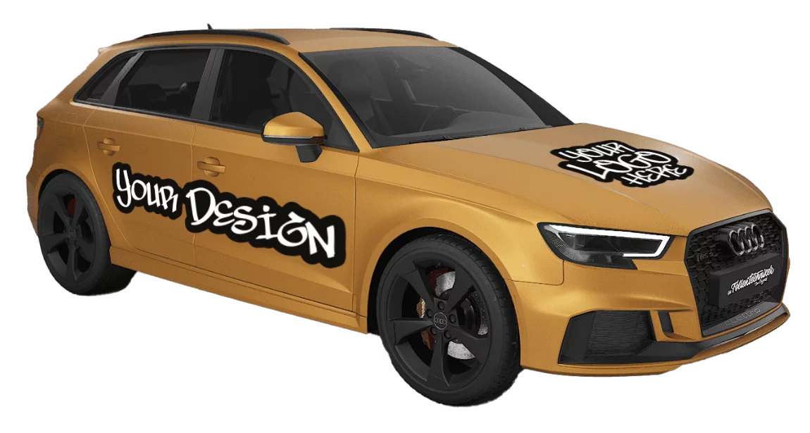 Gelber SUV mit "Your Design" Logo an der Seite und schwarzen Felgen.