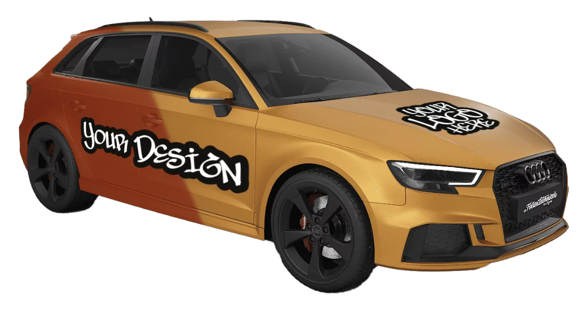 Gelber SUV mit "Your Design" Logo an der Seite und schwarzen Felgen.